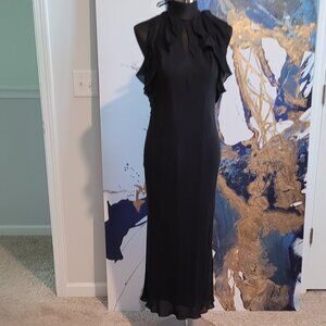 Lauren by Ralph Lauren Size 12 Silk Halter Tie Neck Ruffled Midi Black Dress New